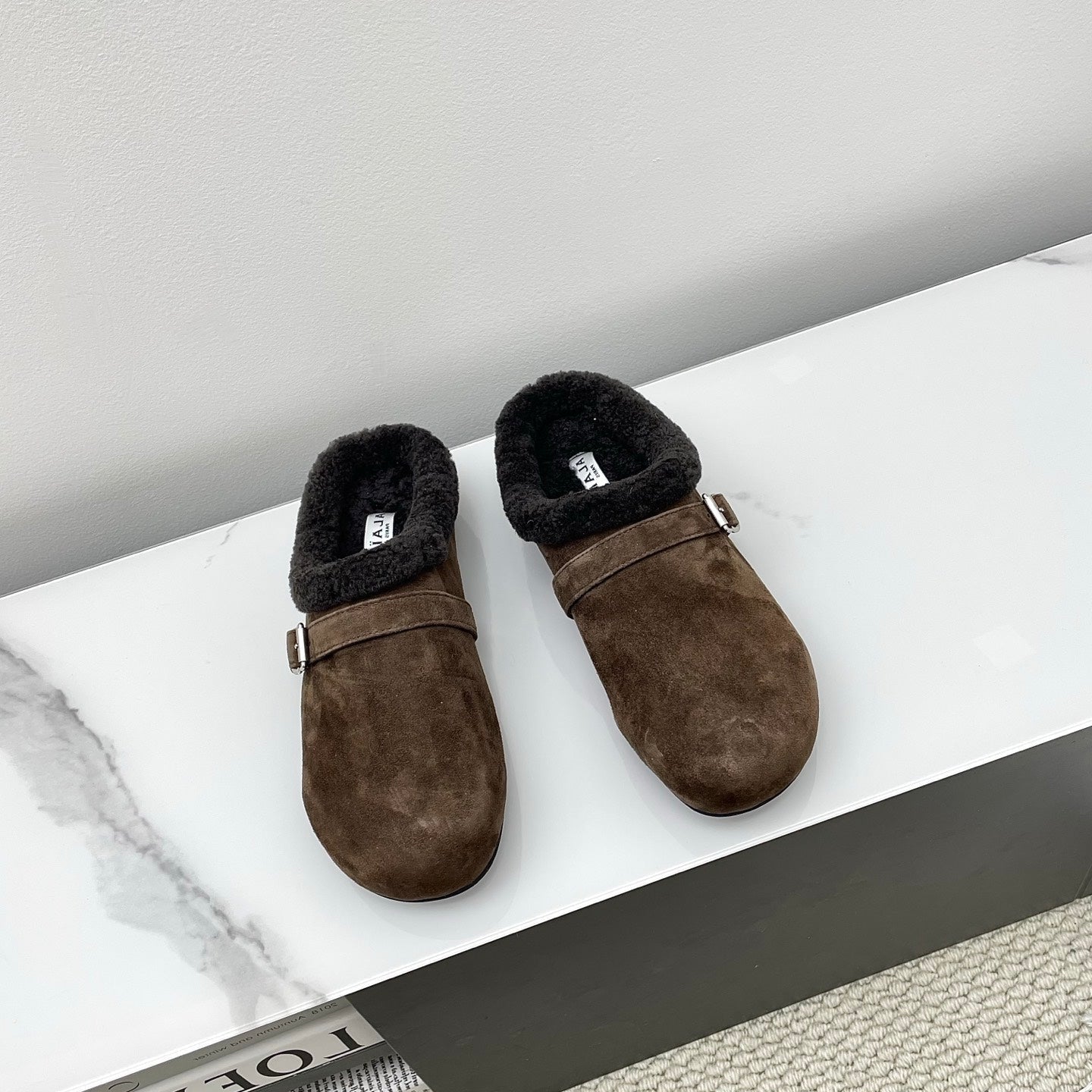 ALAIA 26S MULE IN DARK BROWN SUEDE AND WOOL