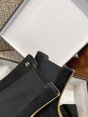 CHANEL 26S ANKLE BOOTS IN BLACK SUEDE WITH CONTRASTING GOLD TONE TRIM