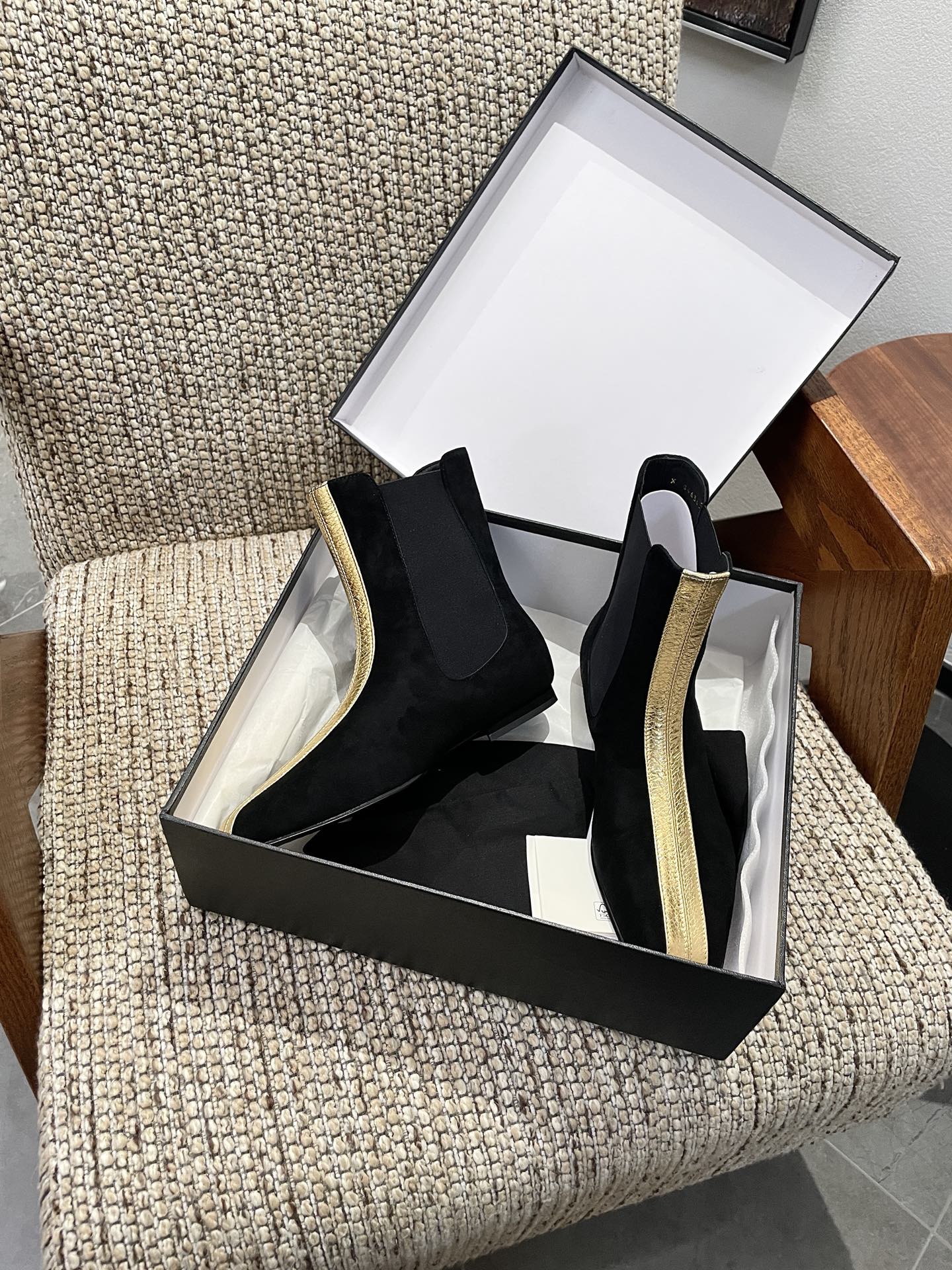 CHANEL 26S ANKLE BOOTS IN BLACK SUEDE WITH CONTRASTING GOLD TONE TRIM