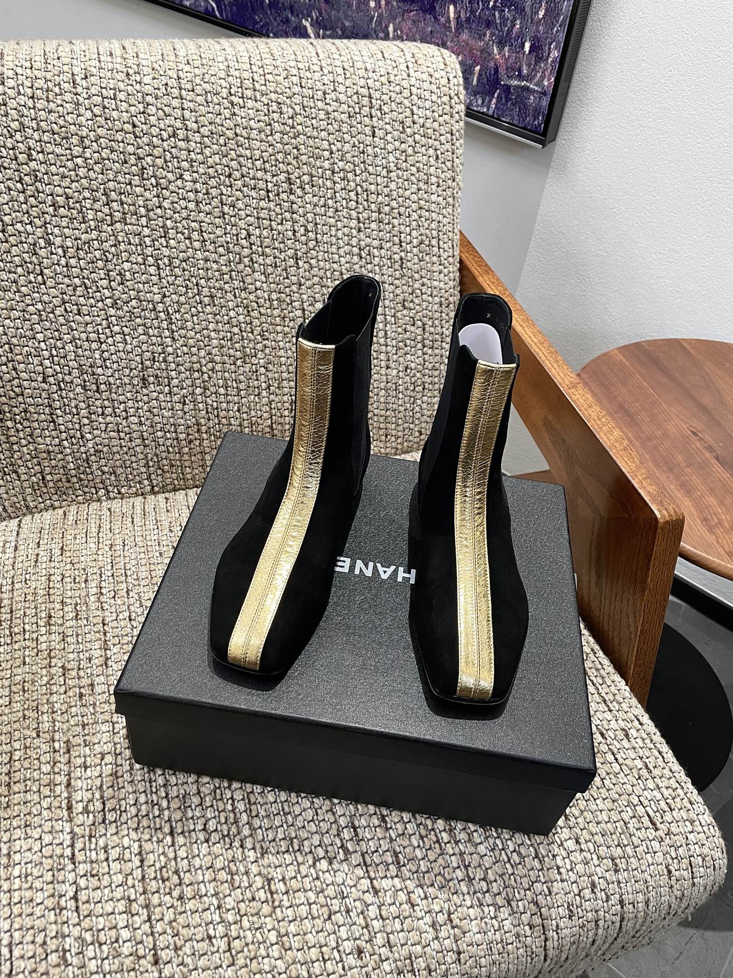 CHANEL 26S ANKLE BOOTS IN BLACK SUEDE WITH CONTRASTING GOLD TONE TRIM