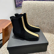 CHANEL 26S ANKLE BOOTS IN BLACK SUEDE WITH CONTRASTING GOLD TONE TRIM