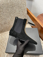 CHANEL 26S ANKLE BOOTS IN BLACK SUEDE WITH CONTRASTING GOLD TONE TRIM