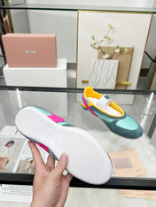 GYMNASIUM BALLERINAS IN GREEN PINK YELLOW TECHNICAL FABRIC AND SUEDE