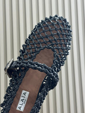 ALAIA MARY JANE FLATS 25S IN BLACK MESH CALSKIN WITH SILVER HARDWARE