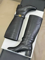 CELINE 26S HIGH-TOP HEELED BOOTS IN BLACK CALFSKIN