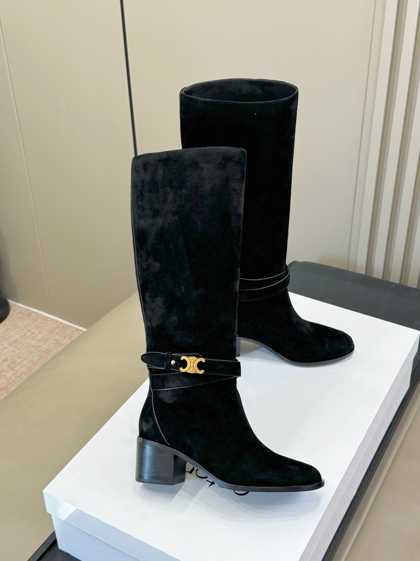 CELINE 26S HIGH-TOP BOOTS IN BLACK SUEDE WITH GOLD HARDWARE