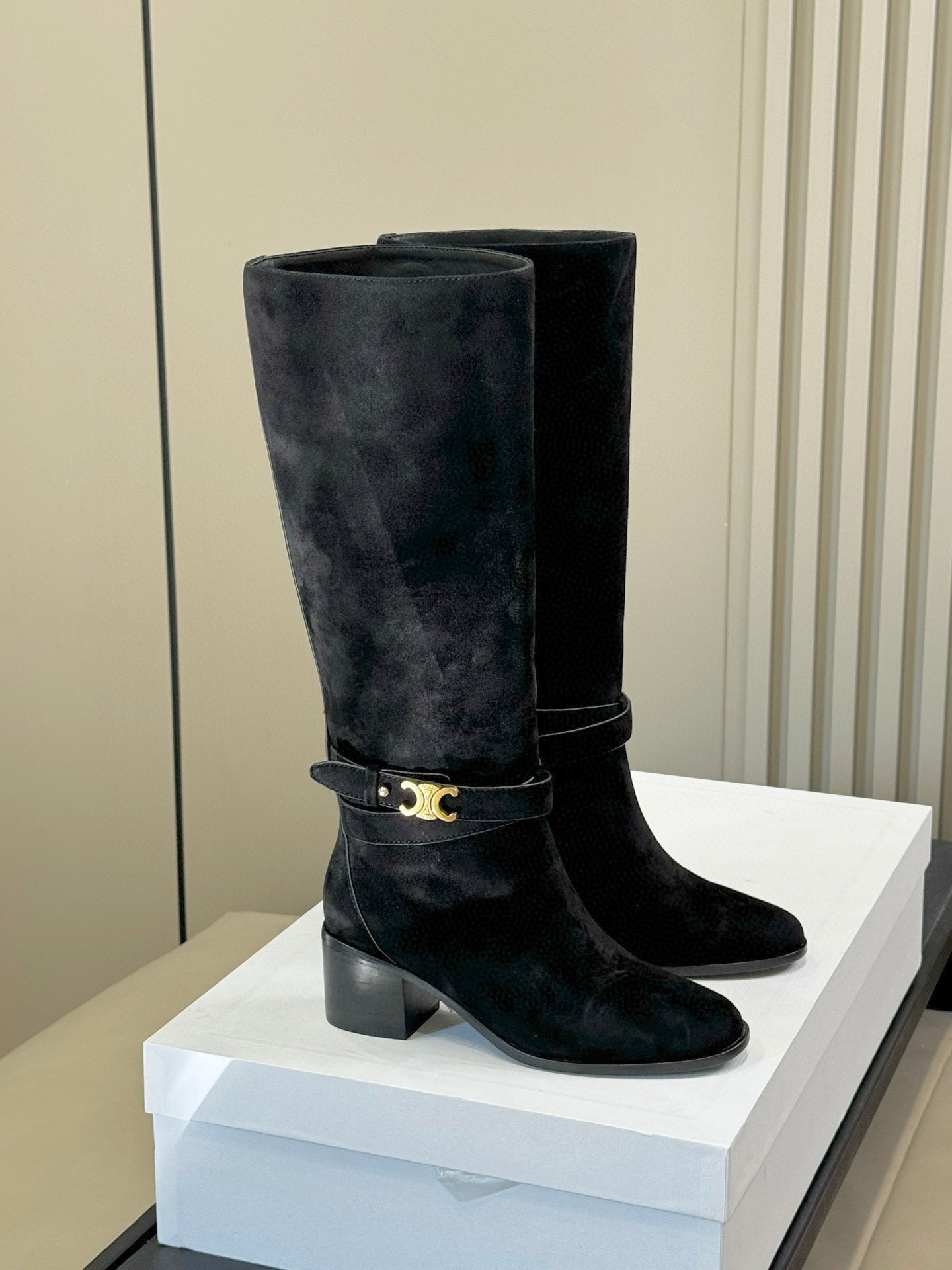 CELINE 26S HIGH-TOP BOOTS IN BLACK SUEDE WITH GOLD HARDWARE