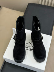 PRADA 25S PLATFORM ANKLE BOOTS IN BLACK SUEDE WITH SILVER HARDWARE