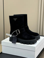 PRADA 25S PLATFORM ANKLE BOOTS IN BLACK SUEDE WITH SILVER HARDWARE