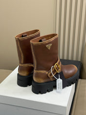 PRADA 25S PLATFORM ANKLE BOOTS IN DARK BROWN CALFSKIN WITH GOLD HARDWARE