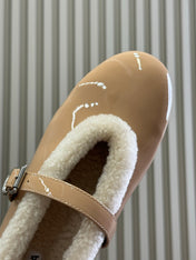 ALAIA 25S MARY JANE SHEARLING FLATS IN DARK NUDE GLOSSY CALFSKIN