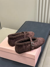 ALAIA 25S MARY JANE SHEARLING FLATS IN DARK BROWN SUEDE