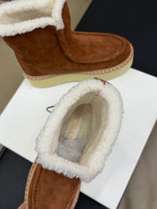 PRADA 25S PLATFORM ANKLE BOOTS 40 MM IN DARK BROWN SUEDE SHEARLING-LINED