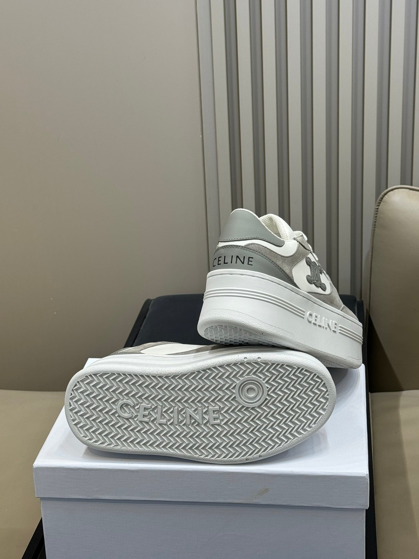 CELINE 26S WEDGE SNEAKERS IN WHITE CALFSKIN AND GREY SUEDE