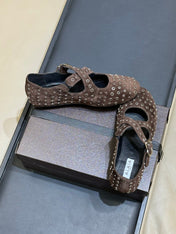 ALAIA 26S CROSS-STRAP FLATS IN DARK BROWN SUEDE WITH SILVER HARDWARE