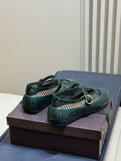 ALAIA 26S MARY JANE BALLET FLATS IN DARK GREEN MESH AND GLOSSY CALFSKIN