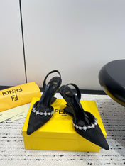 FENDI CRYSTAL HIGH-HEELED SLINGBACK 7 CM IN BLACK  SUEDE