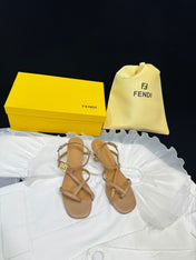 FENDI FFOLD MEDIUM-HEELED 55 MM SANDALS IN BRONZE BROWN LAMBSKIN WITH GOLD HARDWARE