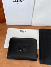 CELINE 25S TRIOMPHE COMPACT ZIPPED WALLET 11 IN BLACK CALFSKIN GOLD HARDWARE