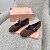 MIUMIU 26S MARY JANE FLATS IN OLIVE BROWN SUEDE WITH BLACK BUCKLE STRAP