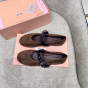 MIUMIU 26S MARY JANE FLATS IN OLIVE BROWN SUEDE WITH BLACK BUCKLE STRAP