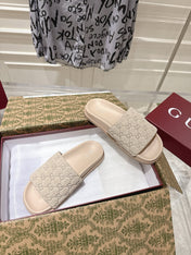 GG SLIDES IN NUDE BEIGE SUEDE WITH EMBOSSED LOGO STYLE 2