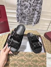 SANDALS IN BLACK SUEDE EMBOSSED LOGO SILVER HARDWARE