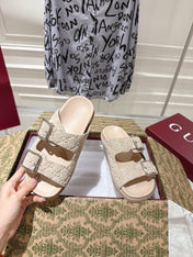 SANDALS IN NUDE BEIGE SUEDE EMBOSSED LOGO SILVER HARDWARE