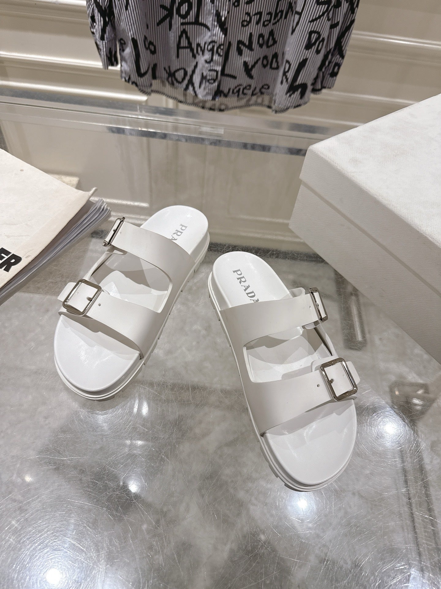 PRADA 26S SLIDES SANDALS IN WHITE CALFSKIN SILVER HARDWARE