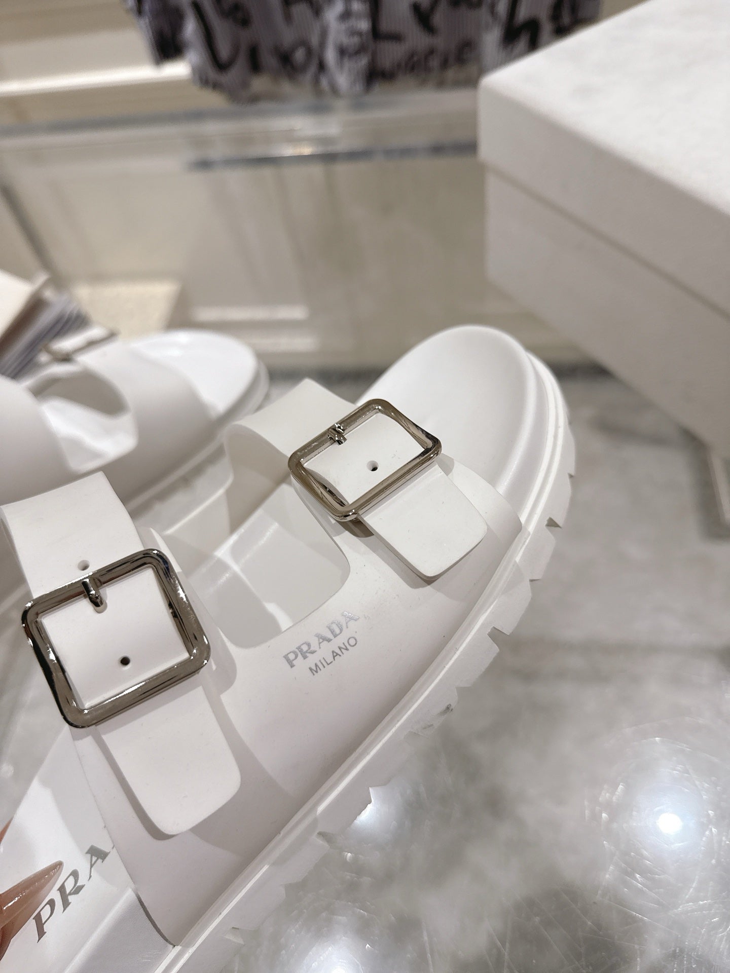 PRADA 26S SLIDES SANDALS IN WHITE CALFSKIN SILVER HARDWARE