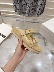 PRADA 26S SLIDES SANDALS IN BEIGE CALFSKIN SILVER HARDWARE