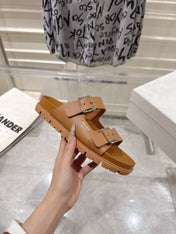 PRADA 26S SLIDES SANDALS IN CARAMEL BROWN CALFSKIN SILVER HARDWARE