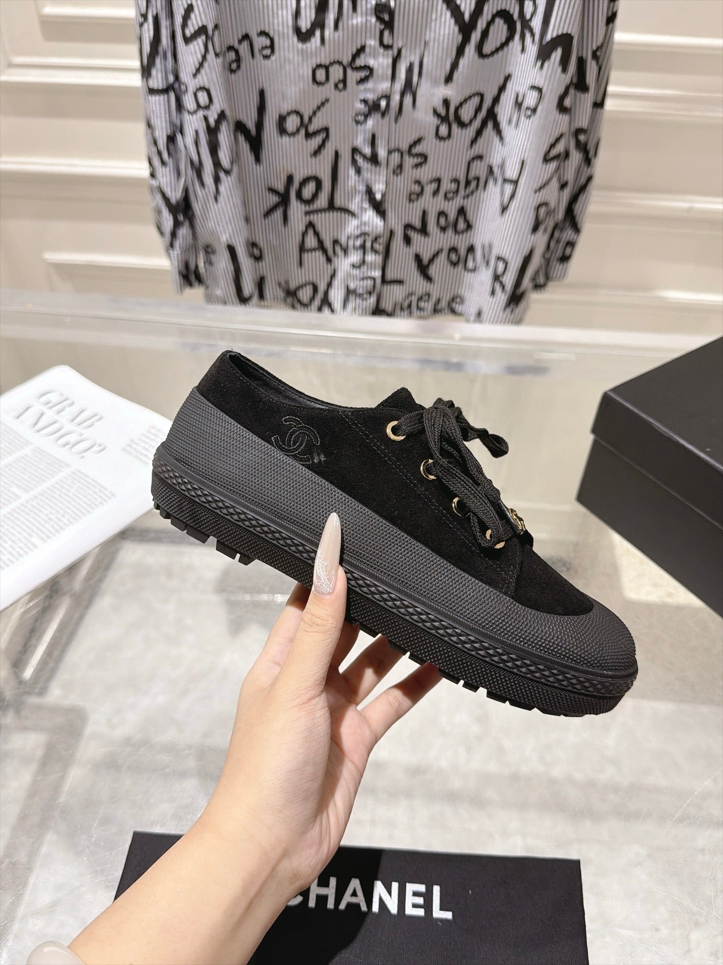 CHANEL 26S LACE UP SNEAKERS IN BLACK SUEDE ROUND TOE