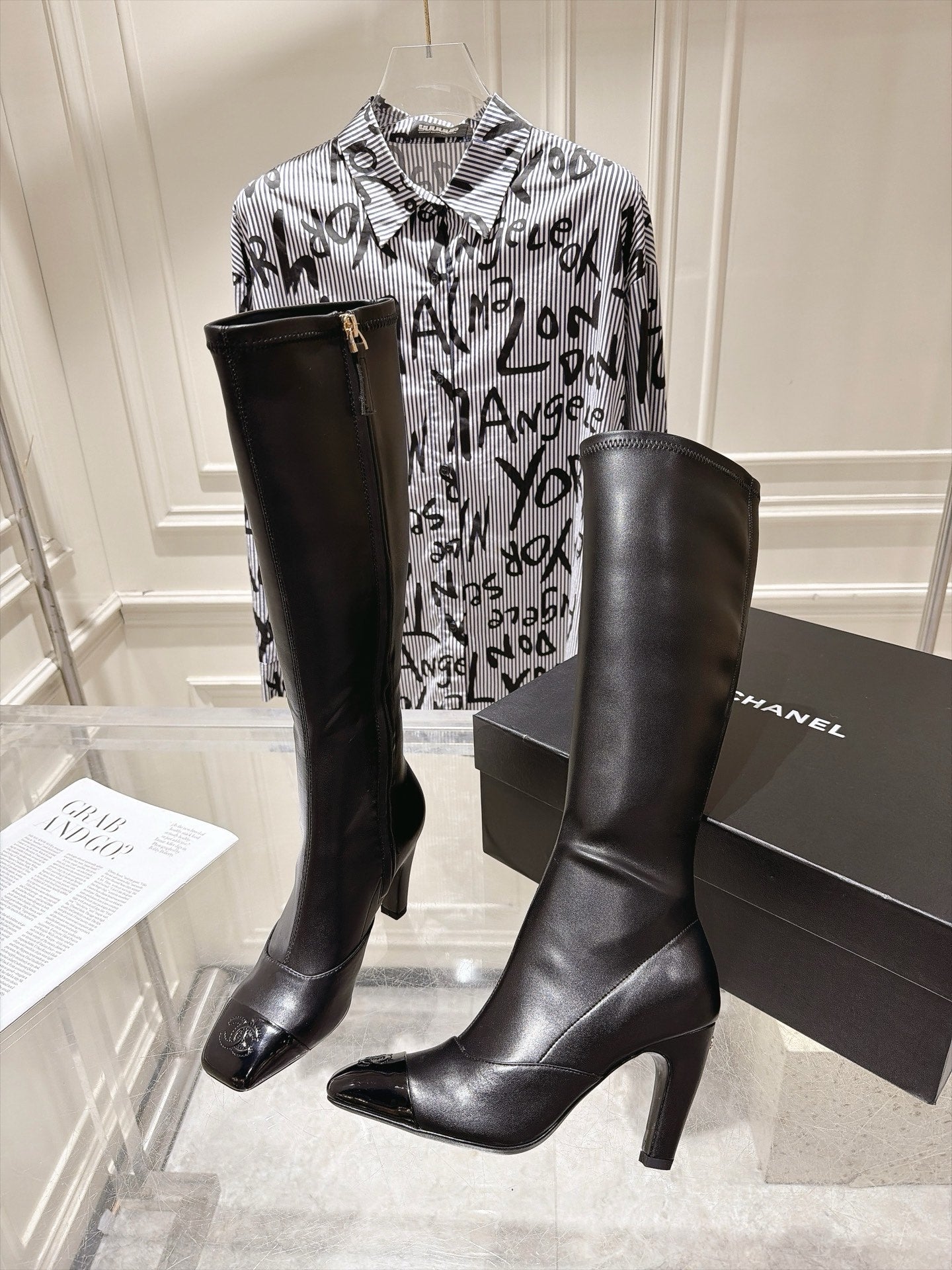 CHANEL 26S HIGH HEEL KNEE HIGH BOOTS 80 MM IN BLACK CALFSKIN AND PATENT LEATHER