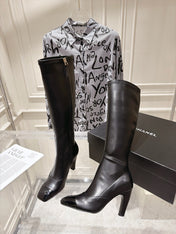 CHANEL 26S HIGH HEEL KNEE HIGH BOOTS 80 MM IN BLACK CALFSKIN AND PATENT LEATHER