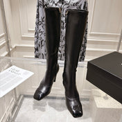 CHANEL 26S HIGH HEEL KNEE HIGH BOOTS 80 MM IN BLACK CALFSKIN AND PATENT LEATHER