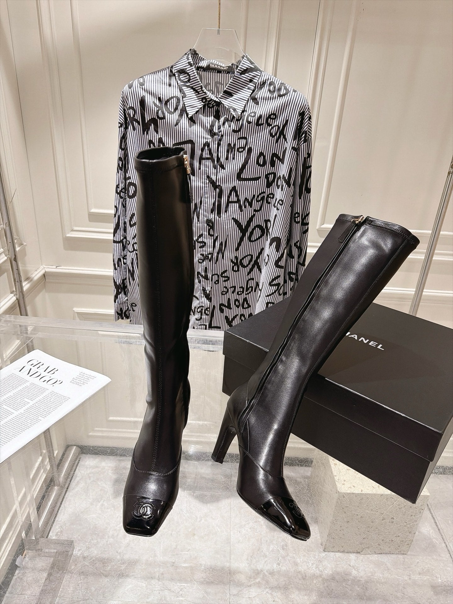 CHANEL 26S HIGH HEEL KNEE HIGH BOOTS 80 MM IN BLACK CALFSKIN AND PATENT LEATHER