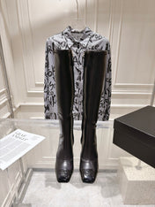 CHANEL 26S HIGH HEEL KNEE HIGH BOOTS 80 MM IN BLACK CALFSKIN AND PATENT LEATHER