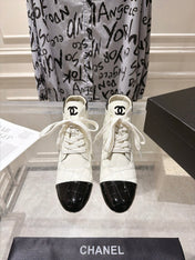 CHANEL 26S HIGH HEEL KNEE HIGH BOOTS 70 MM IN WHITE LAMBSKIN AND BLACK PATENT CALFSKIN
