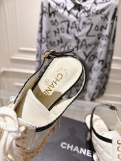 CHANEL 26S SLINGBACK HIGH HEEL SHOES 70 MM IN CREAM WHITE LAMBSKIN AND BLACK PATENT CALFSKIN