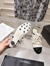 CHANEL 26S SLINGBACK HIGH HEEL SHOES 70 MM IN CREAM WHITE LAMBSKIN AND BLACK PATENT CALFSKIN