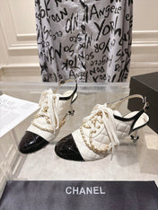 CHANEL 26S SLINGBACK HIGH HEEL SHOES 70 MM IN CREAM WHITE LAMBSKIN AND BLACK PATENT CALFSKIN