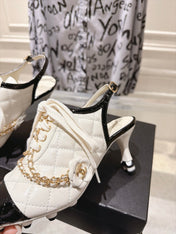 CHANEL 26S SLINGBACK HIGH HEEL SHOES 70 MM IN CREAM WHITE LAMBSKIN AND BLACK PATENT CALFSKIN