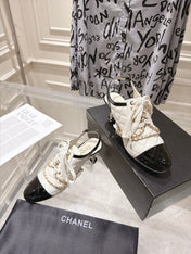 CHANEL 26S SLINGBACK HIGH HEEL SHOES 70 MM IN CREAM WHITE LAMBSKIN AND BLACK PATENT CALFSKIN