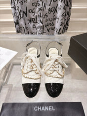 CHANEL 26S SLINGBACK HIGH HEEL SHOES 70 MM IN CREAM WHITE LAMBSKIN AND BLACK PATENT CALFSKIN