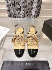 CHANEL 26S SLINGBACK HIGH HEEL SHOES 70 MM IN BEIGE LAMBSKIN AND BLACK PATENT CALFSKIN