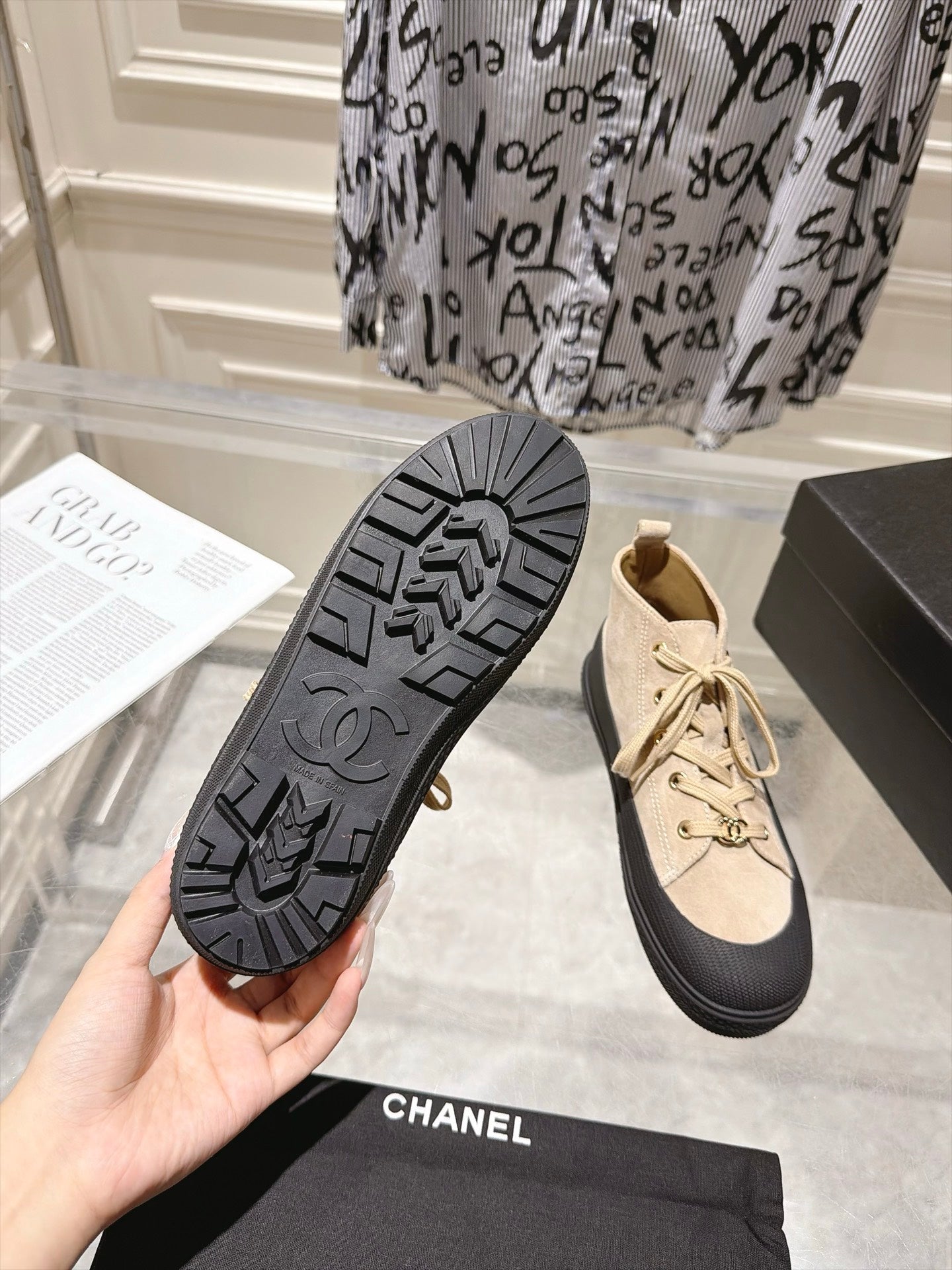 CHANEL 26S LACE UP HIGH TOP SNEAKERS IN BEIGE SUEDE