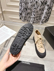 CHANEL 26S LACE UP HIGH TOP SNEAKERS IN BEIGE SUEDE