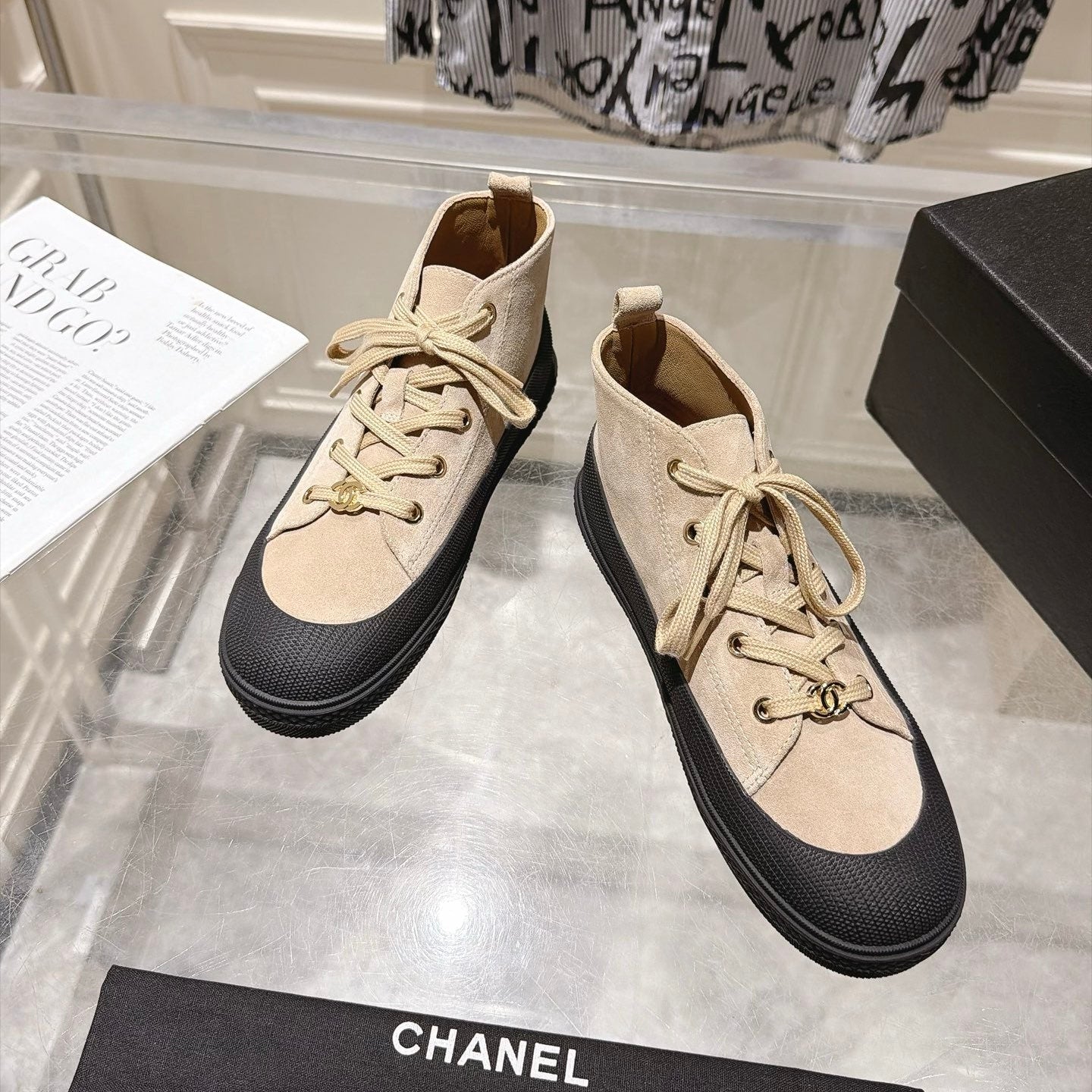 CHANEL 26S LACE UP HIGH TOP SNEAKERS IN BEIGE SUEDE