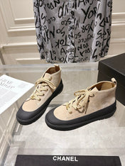 CHANEL 26S LACE UP HIGH TOP SNEAKERS IN BEIGE SUEDE